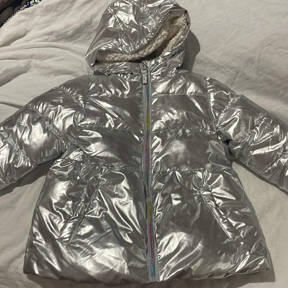 Members Mark 6 silver hooded puffer jacket sherpa lined warm pockets guc